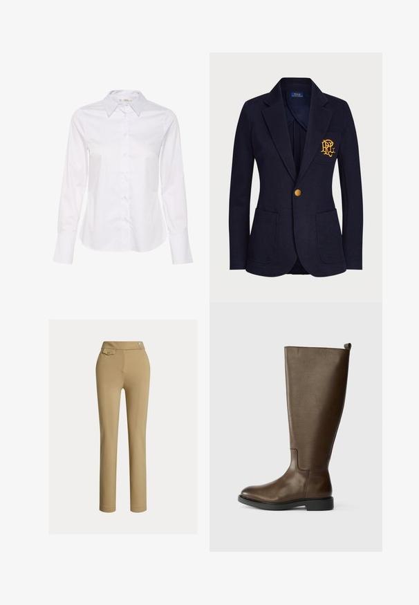 Veste bleu marine avec bouton doré, deux poches avant et logo brodé en or sur la poche poitrine gauche.; Chemise blanche à manches longues avec un col classique, une fermeture par boutons à l'avant et un ourlet droit. Fabriquée en tissu lisse avec un design épuré.; Pantalons slim beige pour femmes avec taille haute, deux boutons sur le côté et une petite poche à rabat boutonnée près de la taille.; Bottine en cuir marron, hauteur genou, avec une texture lisse, bout rond, talon noir bas et une languette en haut pour un enfilage facile.