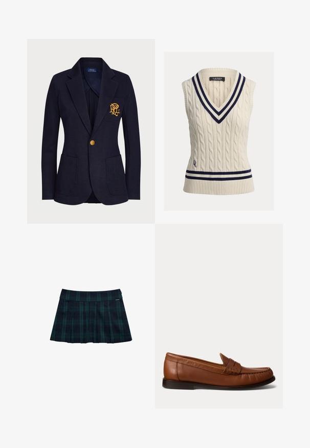 Blazer azul marino hecho de un tejido texturizado presenta un botón dorado y un logo bordado en el bolsillo del pecho. Incluye dos bolsillos frontales.; Suéter sin mangas de punto cable en color crema con escote en V profundo. Presenta ribetes a rayas en azul marino y blanco en el escote y el dobladillo, con detalle de logo.; Falda plisada de cuadros en verde oscuro y azul marino con una cintura lisa y un detalle con logo. Presenta un diseño clásico de pliegues en capas.; Zapato tipo mocasín de cuero marrón con un tacón bajo negro, costura de moca y una correa decorativa en la parte superior, mostrado sobre un fondo blanco.