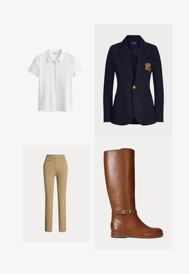 Veste bleu marine avec bouton doré, deux poches avant et logo brodé en or sur la poche poitrine gauche.; Polo blanc à manches courtes avec trois boutons et un petit logo brodé sur le côté gauche de la poitrine.; Pantalons beiges ajustés avec une texture lisse, taille haute, deux boutons décoratifs et une poche arrière. Design à jambe droite.; Botte en cuir marron montant jusqu’au genou avec une petite boucle dorée et le logo "RL" sur la sangle près de la cheville, talon plat et finition lisse.