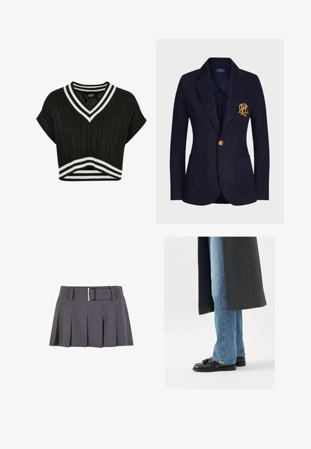 Marineblauer Blazer mit goldfarbenem Knopf, zwei Fronttaschen und golden besticktem Logo auf der linken Brusttasche.; Schwarzer, kurzer Pullover mit V-Ausschnitt, Struktur aus Kabelstrick, kurzen Ärmeln und doppelten weißen Streifen am Kragen und Saum.; Grauer plissierter Minirock mit glatter Textur, ausgestattet mit einem breiten Bund, Gürtelschlaufen und einem rechteckigen Detail in Silber mit Schnalle.; Schwarze Leder Slipper mit Quasten, getragen mit hellblauen geraden Jeans, ergänzt durch einen dunkelgrauen Mantel. Klare Linien und strukturierter Stoff.
