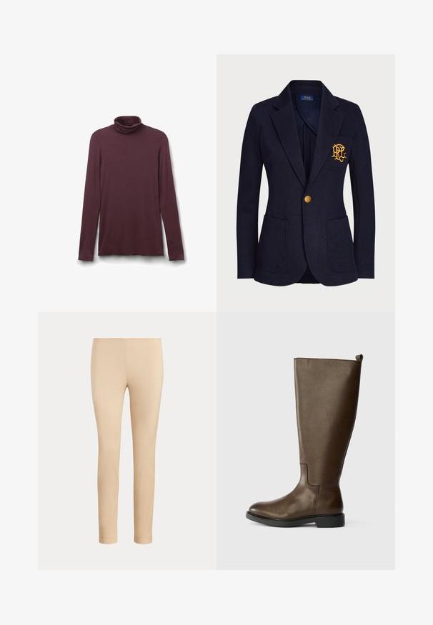 Blazer azul marino con botón dorado, dos bolsillos delanteros y logotipo bordado en oro en el bolsillo izquierdo del pecho.; Camiseta de manga larga, cuello alto de color púrpura oscuro con textura suave, mostrada extendida sobre un fondo blanco.; Pantalones beige ajustados hasta el tobillo con un acabado liso y sin bolsillos visibles ni adornos sobre un fondo liso.; Bota de cuero marrón hasta la rodilla con una textura suave, punta redondeada, tacón bajo negro y una lengüeta en la parte superior para facilitar su puesta.