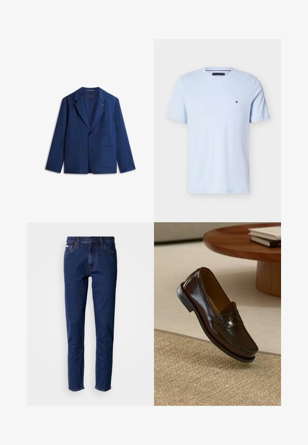 Marineblauer Herrenblazer mit zwei Knöpfen, Stegkragen, drei Fronttaschen und einer kleinen Anstecknadel am linken Revers.; Hellblaues T-Shirt mit kurzen Ärmeln und Rundhalsausschnitt, mit kleinem Tommy Hilfiger Flaggenlogo auf der linken Brust.; Dunkelblaue Jeans aus Denim mit geradem Schnitt, ausgestattet mit fünf Taschen, Kupfernieten und einem klassischen Bund mit Knopfverschluss.; Braune Leder-Lederschuhe mit glänzender Oberfläche, die eine gestickte Detail entlang der Vorderseite und eine niedrigprofilierte schwarze Gummisohle aufweisen.