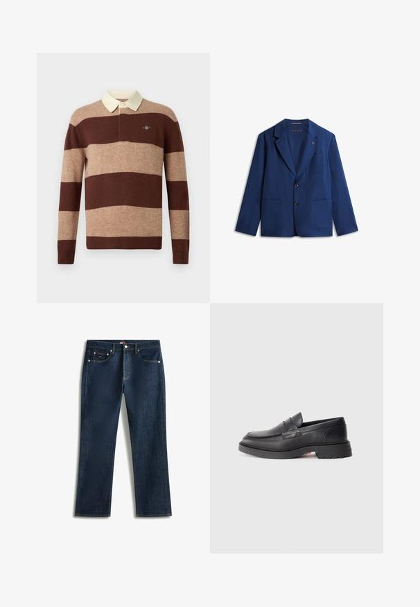 Marineblauer Herrenblazer mit zwei Knöpfen, Stegkragen, drei Fronttaschen und einer kleinen Anstecknadel am linken Revers.; Langärmliges Rugby-Shirt mit breiten horizontalen braunen und beige gestreiften Mustern sowie einem cremefarbenen Kragen, das ein kleines gesticktes Logo auf der Brust präsentiert.; Dunkelblaue Straight-Leg-Jeans aus Denim mit Knopfverschluss und Fünf-Taschen-Design, flach auf weißem Hintergrund präsentiert.; Schwarze Leder-Lenker mit runder Spitze, erhobenem Naht und dicker Gummisohle. Schlichtes Design mit minimaler Markenpräsenz an der Seite.