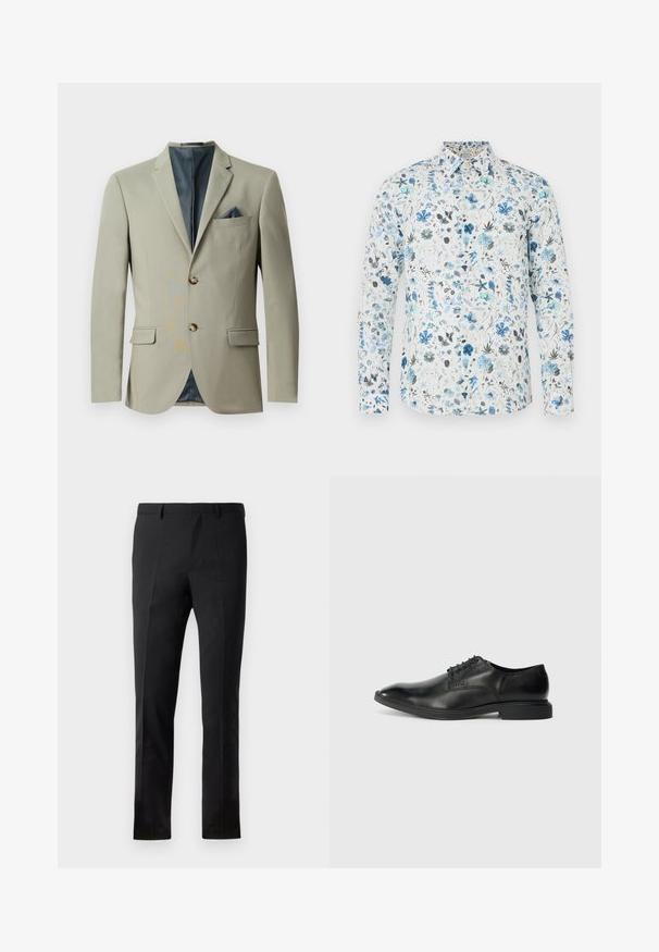 Svetlošedý blazer s dvoma zlatými gombíkmi, klopami a náprsné vrecko s modrým akcentom. Hladká tkanina a prispôsobený strih.; Košeľa s dlhými rukávmi z bielej látky s kvetinovým vzorom v modrých, tyrkysových a sivých odtieňoch, s golierom na gombíky a zaobleným lemom.; Čierne nohavice s upraveným strihom, s plochým predným dielom, dvoma záhybmi, pútkami na opasok a hladkou štruktúrou. Bez viditeľných vzorov alebo kovových súčiastok.; Čierne kožené šaty s hladkou textúrou, špicatou špičkou, šesť očkami na šnurovanie a nízkym obdĺžnikovým podpätkom. Diskrétny branding na boku.
