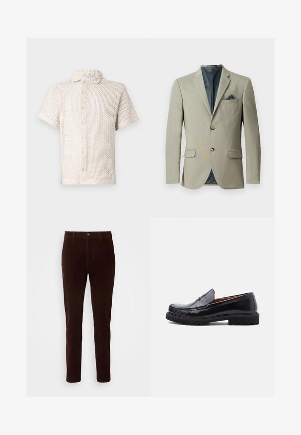 Lys grå blazer med to gyldne knapper, notch lapels og en brystlomme med blå detaljer. Glat stof og skræddersyet pasform.; Kortærmet, lysebeige skjorte med knapper lavet af tekstureret, åbent strikket stof med krave og fem knapper nedad. ; Brune corduroy bukser med lige pasform, der har en standard talje, knaplukning og subtil lodret ribbet tekstur.; Sorte læder penny loafer med chunky gummisål og moc toe syninger, vist i profil på en hvid baggrund.