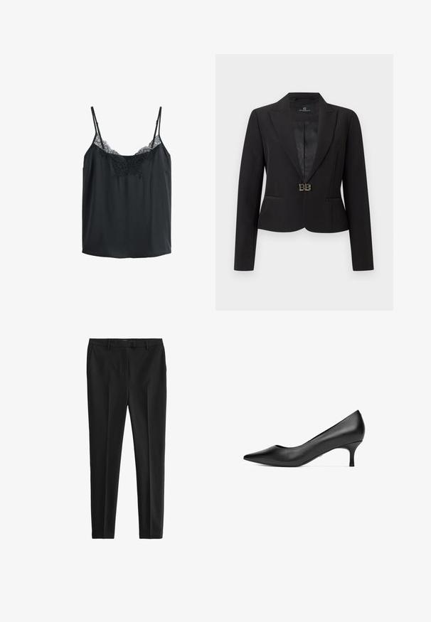 Blazer noir cintré à manches longues, col à revers crantés, deux poches avant et une fermeture à boucle argentée "BB" à la taille.; Camisole noire sans manches avec bretelles ajustables et bordure en dentelle le long de l'encolure et du haut de la poitrine.; Pantalon noir sur mesure en tissu lisse. Présente un devant plat, des poches latérales et une coupe ajustée. Style épuré et minimaliste.; Escarpin en cuir noir avec un bout pointu et un petit talon effilé, présentant une texture lisse et un design minimaliste.