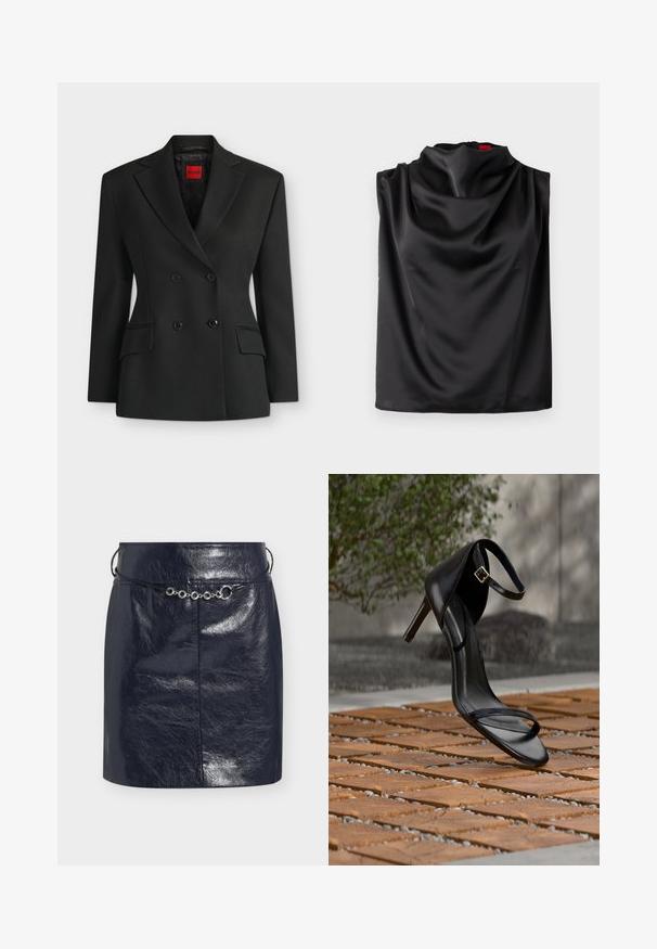 Blazer noir croisé à revers crantés, deux poches à rabat sur le devant et une étiquette rouge HUGO à l'intérieur du col.; Blouse sans manches en satin noir avec un col bénitier drapé, une texture lisse et une fermeture éclair latérale. Étiquette visible en rouge à l'intérieur du vêtement.; Mini-jupe en similicuir noir brillant avec une fine ceinture cordon noire ornée d'accents métalliques argentés circulaires à l'avant.; Sandale noire à talon haut avec sangle à la cheville, suspendue au-dessus d'un sol en carreaux de bois à l'extérieur, avec un arrière-plan flou de verdure et de pierre.