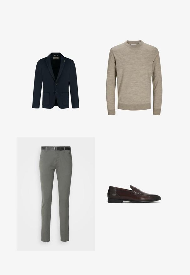 Námornícky modrý sakový blazer s dvoma prednými vreckami, dvoma gombíkmi a klopovou límcom; vyrobený z hladkej tkaniny s jemnou textúrou.; Béžový dlhý rukáv sveter s okrúhlym výstrihom, s rebrovanými manžetami a lemom, zobrazený na bielom pozadí.; Sivé bavlnené chinos nohavice so štíhlym strihom, s čiernym opaskom, dvoma bočnými vreckami a jednoduchým dizajnom. Mäkká textúra bez viditeľných vzorov.; Tmavohnedý kožený penny loafer s nízkym podpätkom a zaoblenou špičkou, klasický dizajn nasúvacieho topánka, bočný profil na bielom pozadí.