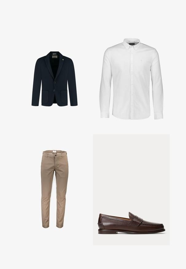 Navyblauw op maat gemaakte blazer met twee voorzakken, twee knopen en een gekarteld revers; gemaakt van een gladde stof met een subtiele textuur.; Witte katoenen blouse met lange mouwen, een button-down kraag, knopen aan de voorkant en een klein geborduurd logo op de linkerborst. Glad textuur.; Khaki chino's met een slim fit ontwerp, ritssluiting, knoopsluiting, ceintuurlussen en zijzakken; gladde katoenen stof met minimale kreukels.; Donkerbruine leren penny loafer met stikseldetails en lage gestapelde hak, van opzij gezien op een effen achtergrond.