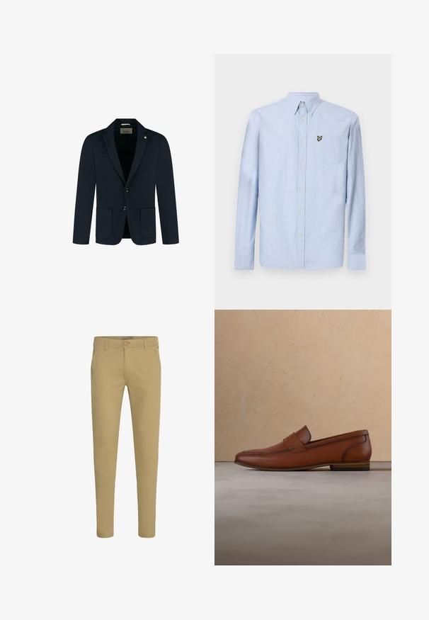 Blazer ajustado en azul marino con dos bolsillos frontales, dos botones y solapa muesca; hecho de una tela suave con una textura sutil.; Camisa de manga larga azul clara con collar abotonado, bolsillo delantero y logotipo bordado. Fabricada en algodón texturizado.; Pantalones chinos beige de corte ajustado con cierre de botón y cremallera, bolsillos delanteros inclinados y trabillas para cinturón, mostrados sobre fondo blanco.; Zapato mocasín de cuero marrón flotando sobre una alfombra beige con un sofá marrón claro desenfocado en el fondo.
