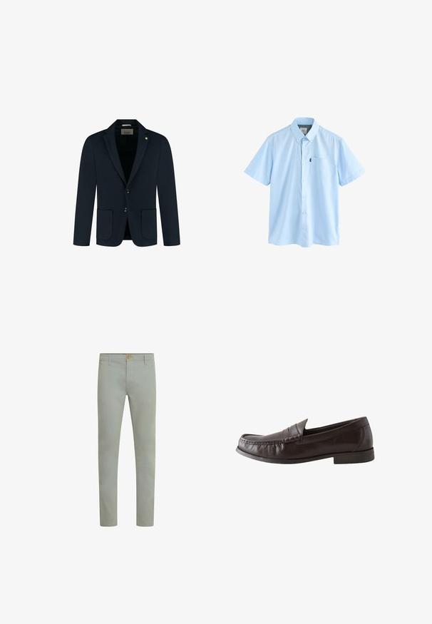 Námornícky modrý sakový blazer s dvoma prednými vreckami, dvoma gombíkmi a klopovou límcom; vyrobený z hladkej tkaniny s jemnou textúrou.; Svetlomodrá krátky rukávová košeľa na gombíky z bavlny, s náprsným vreckom a bielym pánskym lemom. Hladká textúra, klasický golier.; Svetlozelené bavlnené nohavice so rovnomerným strihom, predné vrecká a jediné zapínanie na gombík v páse. Hladká textúra, minimalistický dizajn.; Tmavohnedý kožený penny loafer s prešitým dizajnom špičky a plochou čiernou podrážkou, zobrazený z boku na bielom pozadí.
