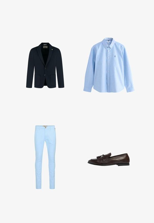 Marineblauer, taillierter Blazer mit zwei vorderen Taschen, zwei Knöpfen und einem Reverskragen; aus glattem Stoff mit einer subtilen Textur.; Hellblaues Hemd aus glattem Stoff mit Knopfleiste. Es hat einen Kragen, lange Ärmel und ein kleines gesticktes Logo auf der Brust.; Helleblaue Baumwollchinos mit slim fit, ausgestattet mit einem vorderen Knopfverschluss, Gürtelschlaufen und einer glatten Textur. Keine sichtbaren Muster oder Akzente.; Braune Lederloafers mit niedrigem Absatz, ausgestattet mit einem breiten Riemen und dekorativen Quasten. Die glatte Textur und das klassische Design erhöhen die Vielseitigkeit.