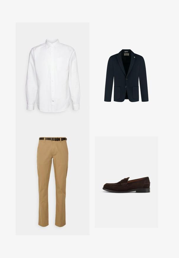 Blazer bleu marine foncé pour homme avec deux poches avant, deux boutons et un col à revers cranté.; GAP STANDARD OXFORD - Chemise - white; Pantalon en mélange de coton beige avec une coupe droite et une ceinture marron foncé. Comprend des poches avant et une finition d'ourlet soignée.; Mocassin pour homme en daim marron foncé avec couture décorative et talon bas, présenté de profil droit sur un fond clair uni.