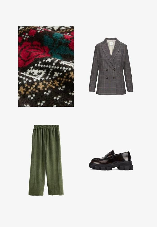 Blazer gris à carreaux, double boutonnage, avec un revers en pointe, ornée de boutons noirs et d'une doublure lisse. Accents rouge et beige.; Textile tricoté avec une base marron foncé, ornée de motifs floraux et géométriques rouges, teal et blancs. Texture douce et duveteuse visible à travers l'ensemble.; Pantalons en velours côtelé vert, avec un design à jambes larges, une taille élastique et deux poches latérales. La texture présente de fines nervures verticales.; Mocassin en cuir marron foncé avec une semelle épaisse en caoutchouc noir. Dispose d'une bride décorative sur le devant avec des détails de couture.