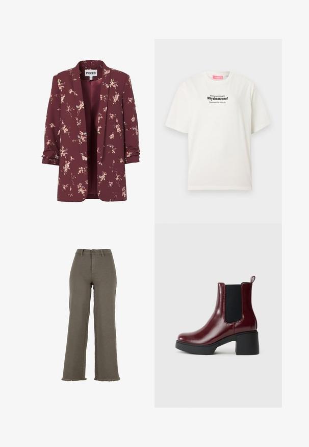 Damesblazer in bordeauxrood met bloemenprint, opgerolde mouwen, open voorkant en kleine roze en groene bloemenpatronen overal.; Wit T-shirt met korte mouwen met zwarte tekst "Waarom één kiezen?" en kleinere tekst boven en onder, afgebeeld tegen een effen achtergrond.; Wijde broek met hoge taille in olijfgroen, met knoop- en ritssluiting, riemlussen en gefraaide zoom.; Bordeaux leren enkelboot met elastische zijpanelen, ronde neus en een chunky zwarte hak, voorzien van een lus aan de achterkant.