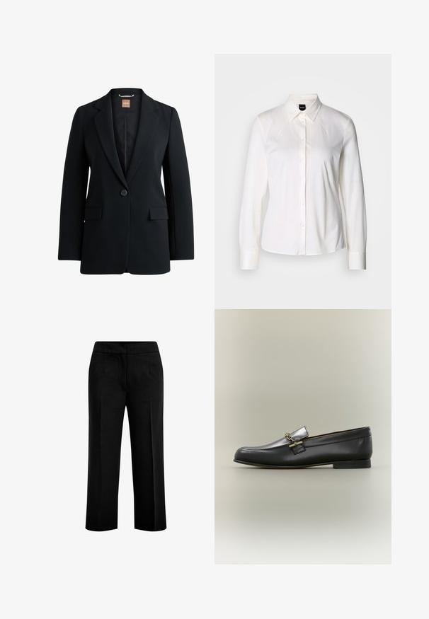 Sort blazer lavet af glat stof med en enkelt knaplukning, notch-kraver, to frontlommer og en quiltet inderside.; Hvid langærmet skjorte med knapper og klassisk krave lavet af blødt bomuldsstof, med en slim fit og et enkelt design uden mønstre.; Sorte, brede bukser lavet af et glat stof med to forlommer og en flad talje. Skræddersyet design med en ren silhuet.; Sort læderloafer med sølv øverste, gyldent kædedetalje, lav hæl og rundet tå på neutral baggrund.