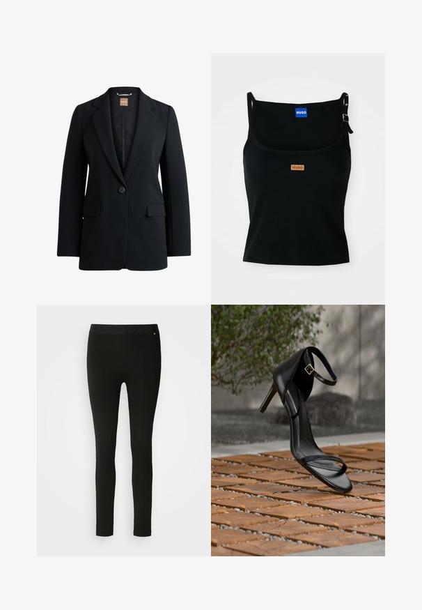 Sort blazer lavet af glat stof med en enkelt knaplukning, notch-kraver, to frontlommer og en quiltet inderside.; Sort ribbet tanktop med tynde stropper, prydet med et brunt læderlogo-patch på forsiden og en metalclipsdetalje på en af stropperne.; Sorte leggings med en glat tekstur, featuring en fleksibel talje og diskret sømdetalje. Ingen mønstre eller hardware er til stede.; Sort højhælet sandal med ankelsnor, der ser ud til at svæve over et trægulv udendørs med sløret grønt og sten i baggrunden.