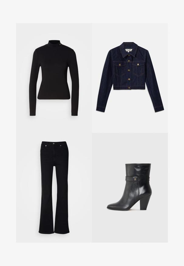 Donker denim gecropte jacket met lange mouwen, gouden knopen, twee borstzakken en contrasterende stiksels. Klassieke kraag en gestructureerd ontwerp.; Zwarte langwerpige turtleneck top van gladde stof, met een nauwsluitende pasvorm en een klein logo accent nabij de halslijn.; Zwarte flared jeans van denim, met een knoop- en ritssluiting, vijf zakken en een gladde textuur.; Tommy Hilfiger Enkellaarsjes met hoge hak - black