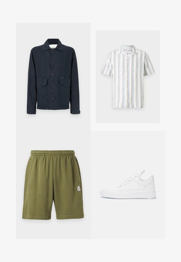 Veste bleu marine foncé en tissu texturé avec une coupe droite, dotée d'un col, de boutons sur le devant et de deux poches poitrine.; Chemise à manches courtes avec boutons, rayures verticales bleues, blanches et beiges et col camp sur fond blanc.; Shorts décontractés à taille élastique vert olive avec poches latérales et un petit logo blanc Kappa sur la jambe droite.; Baskets basses blanches à fermeture lacée, détails surpiqués, languette au talon et semelle crantée sur un fond clair uni.