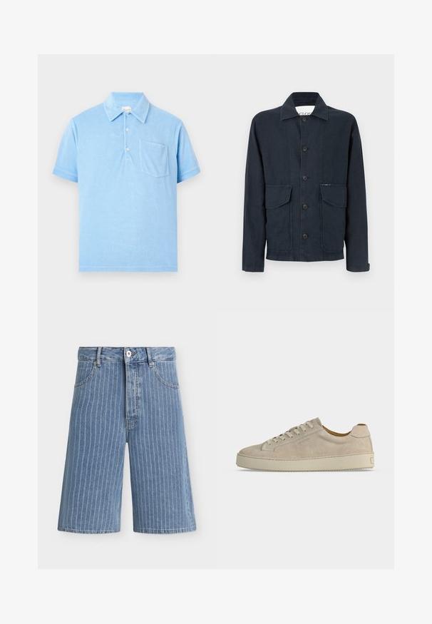 Veste bleu marine foncé en tissu texturé avec une coupe droite, dotée d'un col, de boutons sur le devant et de deux poches poitrine.; Polo bleu clair à manches courtes avec col, trois boutons et une poche poitrine, présenté sur un fond neutre.; Short en denim bleu avec des rayures blanches verticales, bouton devant, fermeture éclair, passants de ceinture et poches latérales sur un fond uni.; Baskets basses beiges en daim avec fermeture lacée et semelle épaisse en caoutchouc, vues de profil sur fond blanc uni.