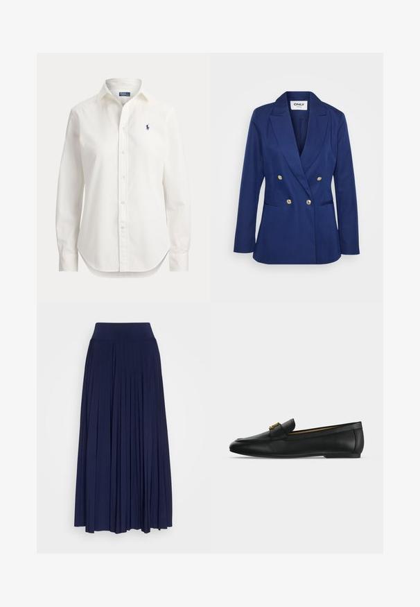 Blazer bleu marine à double boutonnage en tissu texturé, avec revers crantés et accents de boutons dorés. Comprend deux poches latérales.; Chemise blanche à manches longues avec boutons, col et petit logo bleu d’un joueur de polo sur la poitrine gauche.; Jupe plissée marine en tissu doux, dotée d'une large ceinture confortable et d'un design fluide avec des plis verticaux sur toute sa longueur.; Chaussure mocassin en cuir noir avec un détail boucle en métal doré sur le dessus, semelle plate et couture le long du bord supérieur.