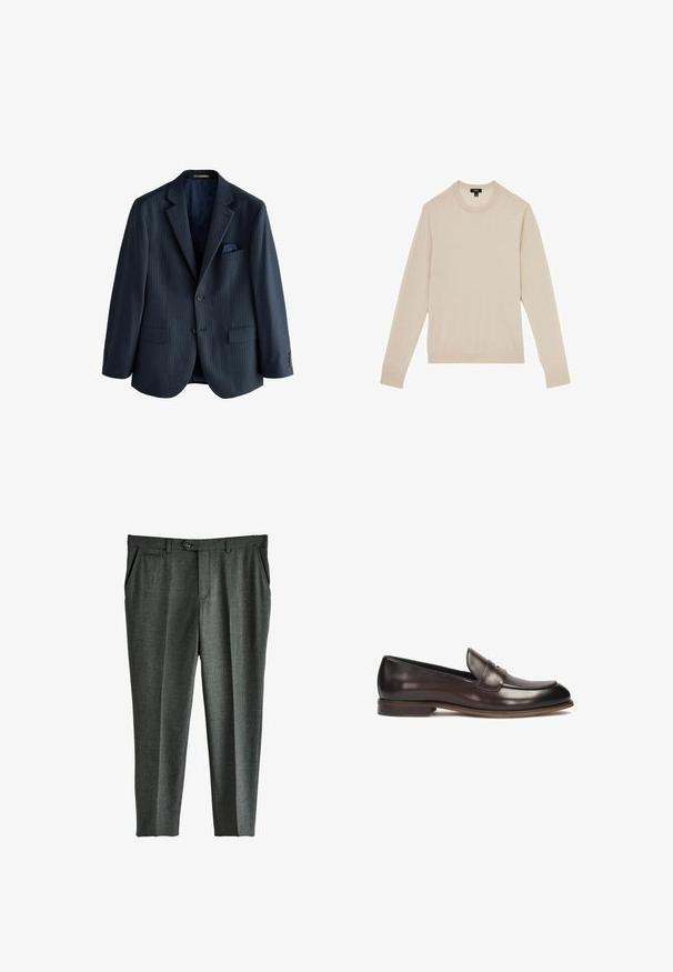 Marineblå smalstribet blazer med to forlommer, enkeltknapslukning og en brystlomme med et foldet næseklæde. Glat tekstur.; Lyse beige langærmet sweater med rund halsudskæring. Fremstillet i blødt stof og med ribbet manchetter og kant. Minimalistisk design uden mønstre.; Grå skræddersyede bukser med et subtilt ternet mønster, frontfald, sidelommer og en enkelt knaplukning i taljen.; Mørkebrune læder loafers med en afrundet tå, hævet syning og en let hæl. Glat tekstur og klassisk design.