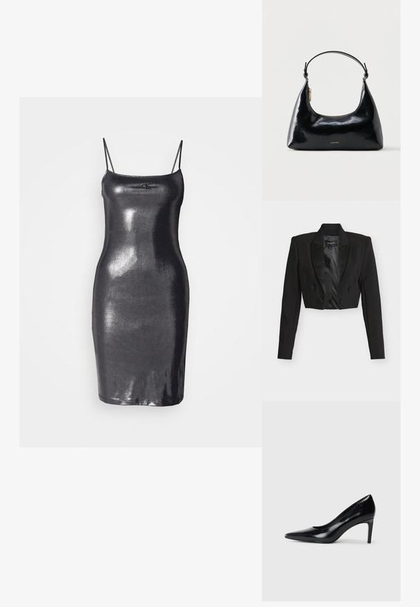 Sort cropped blazer med satin revers, dobbeltradede knapper og lange ærmer. Fremstillet af tekstureret stof med en glat indvendig foring.; Sort, ærmeløs bodycon kjole lavet af skinnende, reflekterende materiale. Den har tynde stropper og en lige kant. Logo-detalje på fronten.; Sort læder højhælede sko med spids tå, glat tekstur og en taperet hæl. Minimalistisk design uden yderligere udsmykninger.; Sort blank Calvin Klein håndtaske med gyldent lynlås og kort rem mod en ensfarvet hvid baggrund.