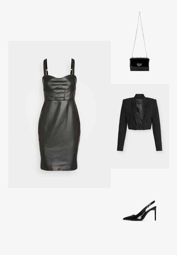 Sort cropped blazer med satin revers, dobbeltradede knapper og lange ærmer. Fremstillet af tekstureret stof med en glat indvendig foring.; Sorth faux læderkjole med en tætsiddende silhuet, tynde stropper og en struktureret, polstret skjorte med lodrette sømme. Glat tekstur.; Sort patentlæder slingback hæl med spids tå og stiletto hæl. Har et udsnit design og justerbar rem med metalhardware.; Sort patentlæder håndtaske med en guldkæde-strop, rektangulær form, med en frontklaplukning og et metallisk logo-accent.