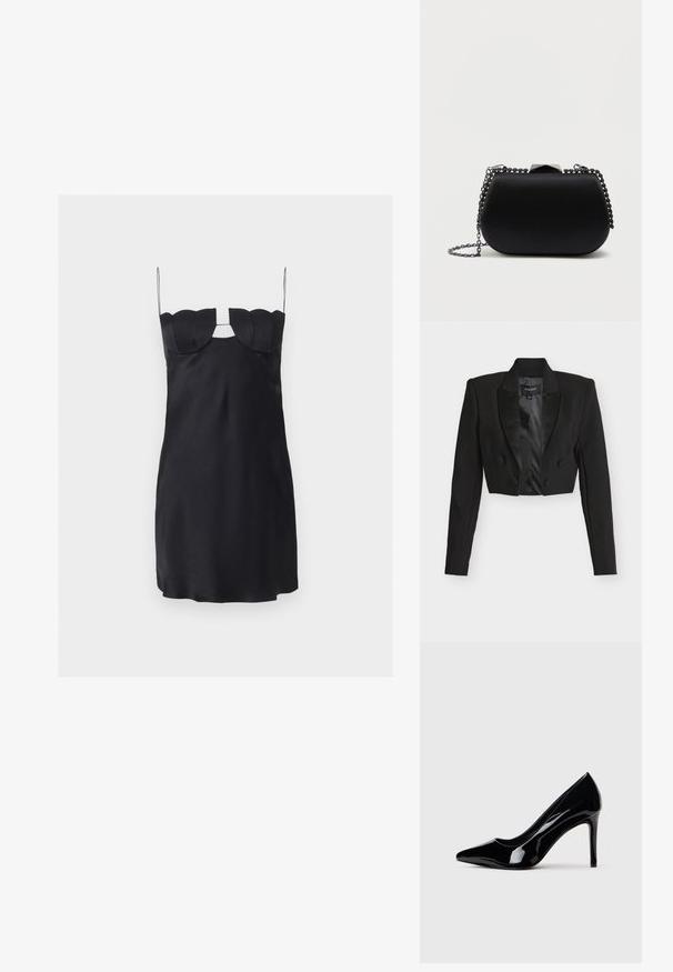 Veste courte noire avec revers en satin, boutons croisés et manches longues. Confectionnée dans un tissu texturé avec une doublure intérieure lisse.; Mini-robe noire avec un buste structuré en forme de coquillage, fines bretelles spaghetti et une découpe en forme de trou de serrure sous le décolleté.; Chaussure à talon haut en cuir verni noir avec un bout pointu, présentée sur un fond blanc uni.; Pochette noire avec une finition lisse et mate, forme arrondie et une chaîne en métal argenté. Comprend un détail de fermoir géométrique sur le dessus.