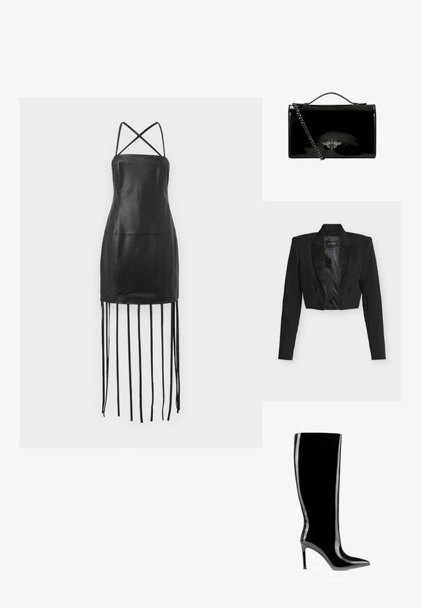 Veste courte noire avec revers en satin, boutons croisés et manches longues. Confectionnée dans un tissu texturé avec une doublure intérieure lisse.; Robe en cuir noir avec de fines bretelles croisées à l'arrière, corsage ajusté et franges pendantes au niveau de l'ourlet. Texture lisse et design minimaliste.; Botte noire en cuir verni montant jusqu'au genou, avec un bout pointu et un talon aiguille, finition élégante et brillante.; Sac à main en cuir verni noir avec une bandoulière en chaîne, arborant un emblème décoratif en métal en forme d'abeille sur le devant. Forme rectangulaire avec finition brillante.