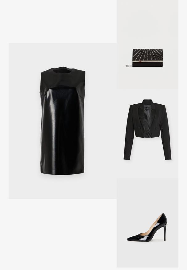 Sort cropped blazer med satin revers, dobbeltradede knapper og lange ærmer. Fremstillet af tekstureret stof med en glat indvendig foring.; Sort ærmeløs kjole lavet af blankt materiale, med rund halsudskæring, rene linjer og en lige silhuet. Glat tekstur, ingen synlige hardware.; Sorte lakerede højhælede sko med en spids tå-design og en strømlinet silhuet. Har en glat, skinnende finish og en slank stiletto-hæl.; Sort clutch taske med en glat tekstur, der har sølvspidse linjer, der stråler ud fra midten, med en metalisk sølvklips og kædetras.