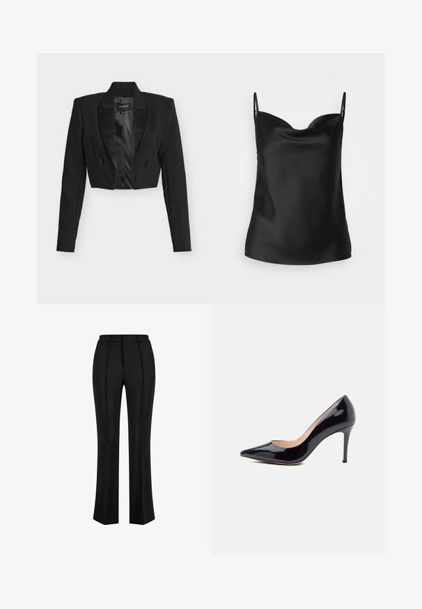 Veste courte noire avec revers en satin, boutons croisés et manches longues. Confectionnée dans un tissu texturé avec une doublure intérieure lisse.; Camisole en satin noir avec un décolleté plongeant, des bretelles minces et une texture lisse et brillante. Design simple et classique sans ornements.; Pantalons noirs ajustés avec une coupe droite, dotés de plis avant et d'une taille plate. Fabriqués en tissu lisse.; Escarpin en cuir verni noir avec un bout pointu, un talon aiguille mince et une finition lisse. L'intérieur est beige. Design classique.
