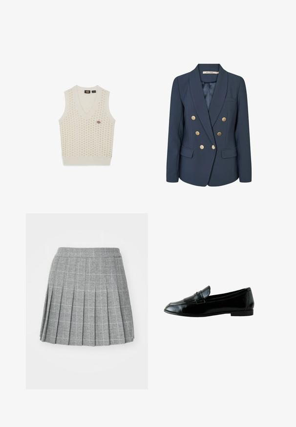 Blazer azul marino de doble botonadura con seis botones dorados, solapa con muesca, dos bolsillos delanteros con solapa y un bolsillo en el pecho con ribete.; Chaleco de punto sin mangas color crema con escote en V, que presenta un patrón texturizado de puntos en relieve y un pequeño parche de logo.; Falda plisada en tela gris con un patrón de cuadros. Presenta una pretina ajustada y múltiples pliegues verticales para un aspecto estructurado.; Mocasín de cuero negro con tacón bajo y detalle decorativo de flecos en la parte delantera, mostrado de lado sobre fondo blanco.
