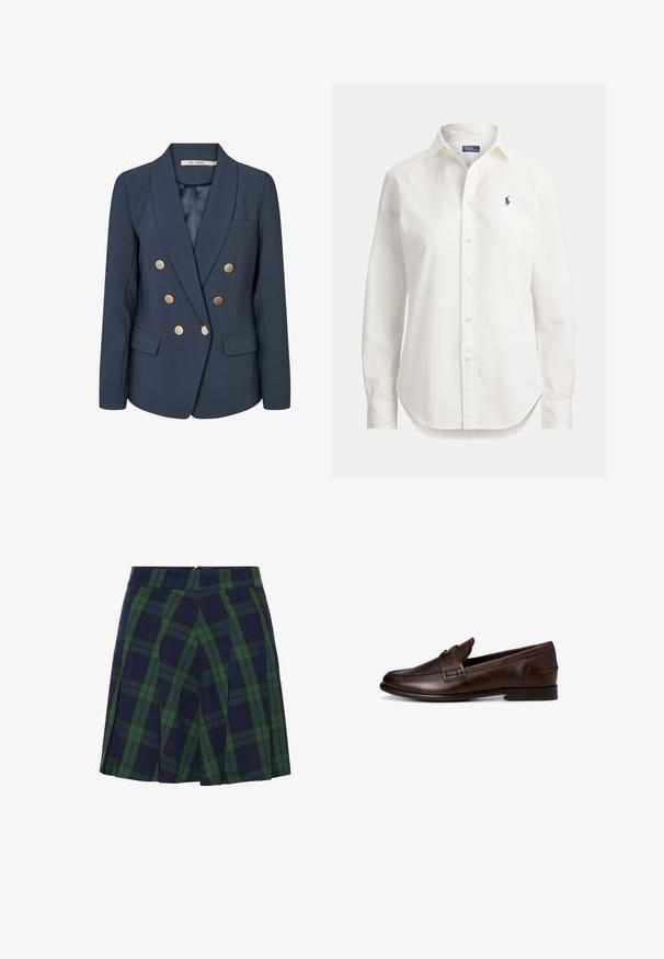 Blazer bleu marine croisé à six boutons dorés, col à revers cranté, deux poches avant à rabat et une poche poitrine passepoilée.; Chemise blanche à manches longues avec boutons, col et petit logo bleu d’un joueur de polo sur la poitrine gauche.; Jupe plissée bleu marine et verte avec un motif tartan et une fermeture éclair au dos.; Mocassin en cuir marron foncé pour homme avec un petit talon et une bride décorative sur le cou-de-pied, vu de profil sur fond blanc.