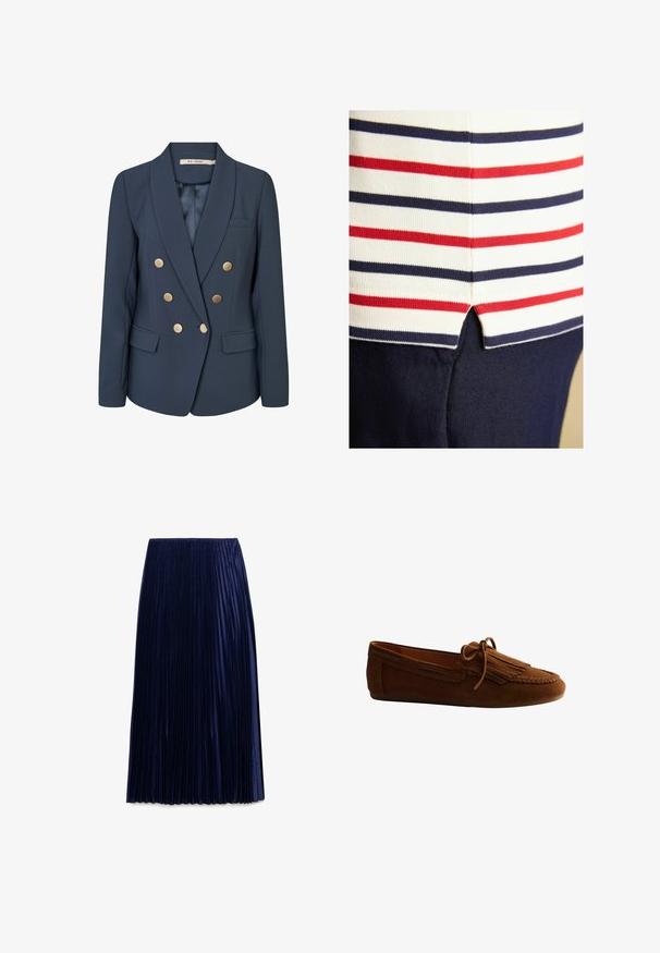Blazer azul marino de doble botonadura con seis botones dorados, solapa con muesca, dos bolsillos delanteros con solapa y un bolsillo en el pecho con ribete.; Primer plano de una tela blanca con rayas horizontales rojas y azul marino que se encuentran con una tela azul marino en una pequeña abertura lateral.; Falda midi plisada de color navy, confeccionada en una tela ligera con textura suave, que presenta pliegues verticales espaciados uniformemente y una cintura elástica.; Mocasín de ante marrón con detalle de flecos y lazo en la parte superior, suela plana y ribete cosido a lo largo de los bordes.