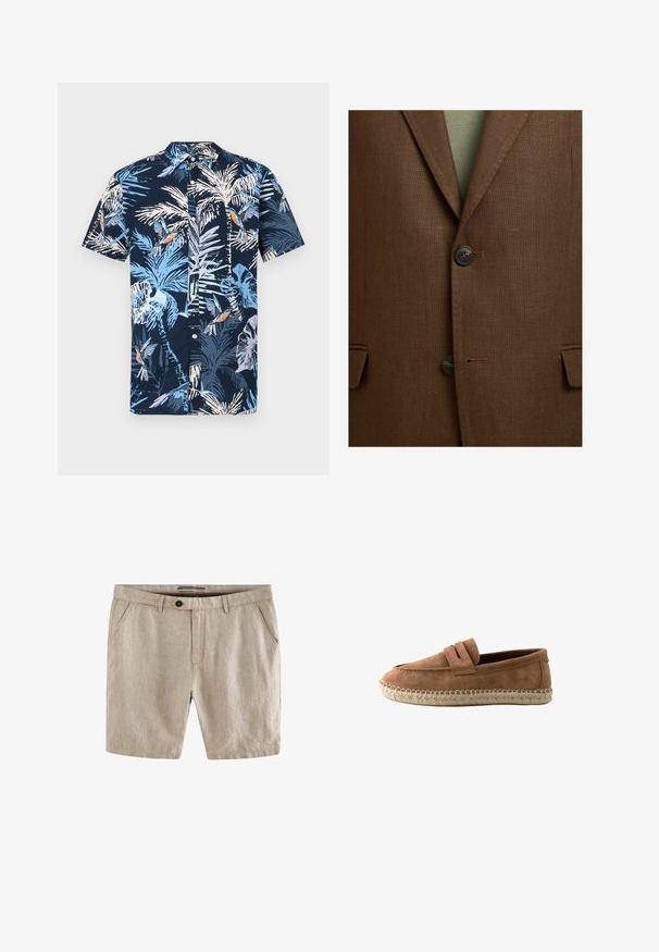 Bruine gestructureerde blazer met inkeping revers, twee donkere knopen vastgemaakt en klepzakken aan weerszijden over een groen kledingstuk.; Korte mouwen shirt met een marineblauwe achtergrond en een tropisch patroon van lichtblauwe palmbladeren en kleurrijke vogels. Met een knoopsluiting bij de kraag.; Beige linnen shorts met een flatte voorkant, twee zijzakken, een knoopsluiting en subtiele textuur. Heeft een klassieke snit en een strak ontwerp.; Bruine suède loafer met een geweven jute espadrillezool en een riemdetail over de bovenkant, zijaanzicht op een witte achtergrond.