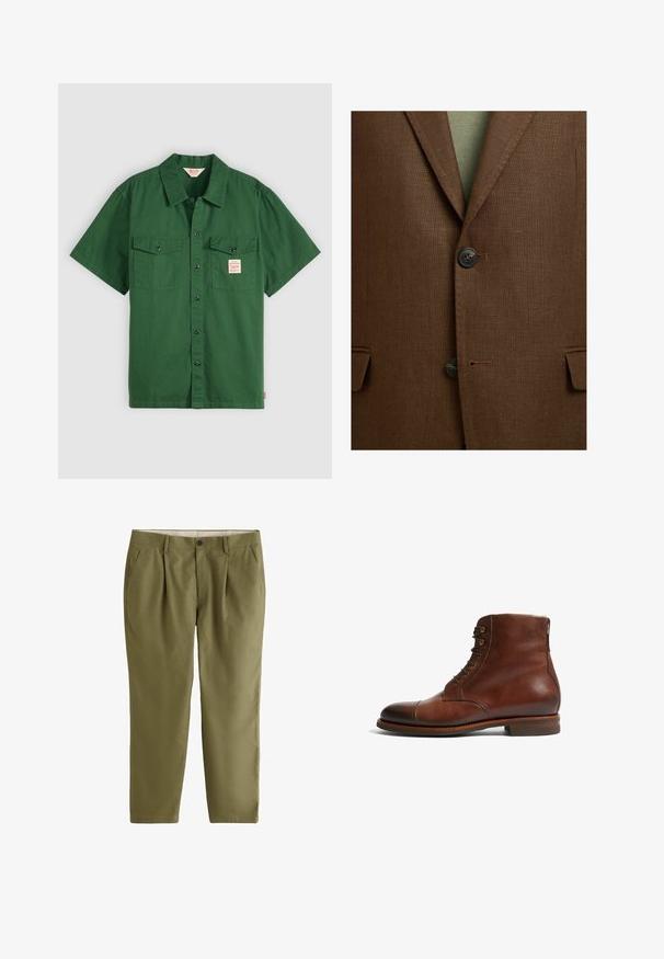 Bruine gestructureerde blazer met inkeping revers, twee donkere knopen vastgemaakt en klepzakken aan weerszijden over een groen kledingstuk.; Korte mouwen groene katoenen shirt met knoopsluiting, twee borstzakken en een klein label op de linkse zak. Effen, geen patronen.; Olijfgroene herenchino's met voorplooien, steekzakken, een knoopsluiting en riemlussen.; Bruine leren enkellaarsjes met een ronde neus, 6 veterogen en een gladde, gestructureerde afwerking. Voorzien van een lage, gestapelde hak en contrasterende stiksels.