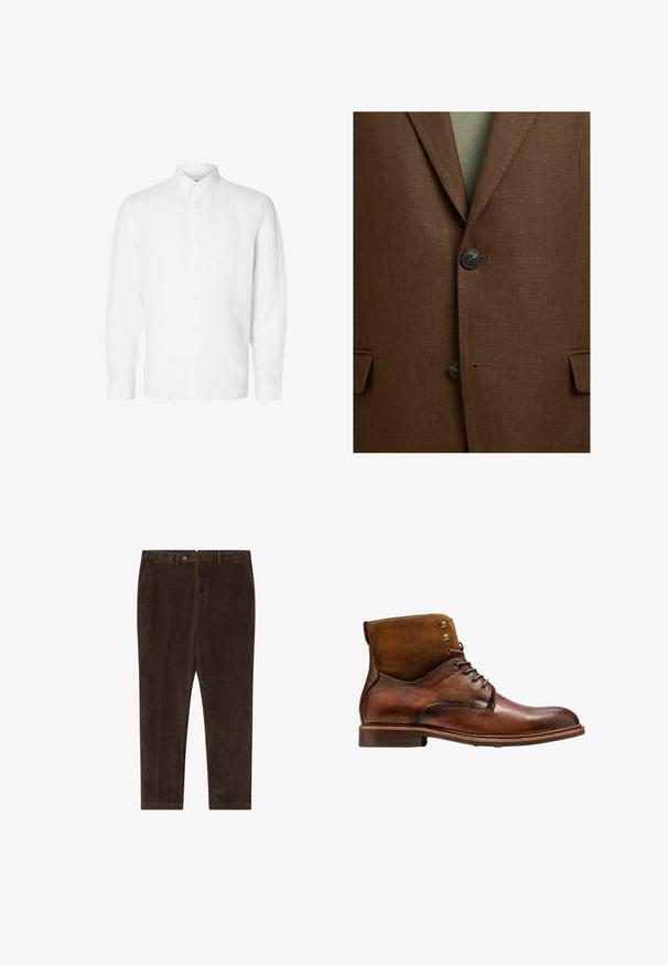 Braun strukturierter Blazer mit Kerbkragen, zwei dunkle Knöpfe geschlossen und Klappentaschen auf jeder Seite über einem grünen Kleidungsstück.; Weißes Langarmhemd aus Leinen mit Button-Down-Kragen, vorderen Knöpfen und einer lässigen Passform mit geraden Manschetten.; Braune Cord-Hosen mit geradem Schnitt, mit einem Knopfverschluss, Seitentaschen und einer glatten Textur.; Kazar ALID - Schnürstiefelette - brown