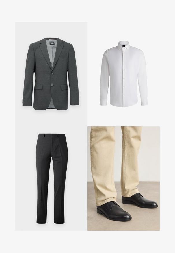 Dunkelgrau maßgeschneiderter Herren-Blazer mit Reverskragen, zwei Knöpfen, Klappentaschen und teilweise sichtbarer Innenausstattung.; Weißes Langarmhemd aus glattem Baumwollstoff, mit klassischem Kragen, durchgehender Knopfleiste und geknöpften Manschetten. Minimalistisches Design.; Maßgeschneiderte dunkelgraue Hose mit glatter Textur, schlankem Schnitt, flachem Frontdesign und normalem Bund. Verfügt über gepresste Falten und keine sichtbaren Muster.; Schwarze Leder Schnürschuhe mit runder Zehenform, glatter Oberfläche und dezenten Nähdetails, getragen mit hellbeigen Hosen.