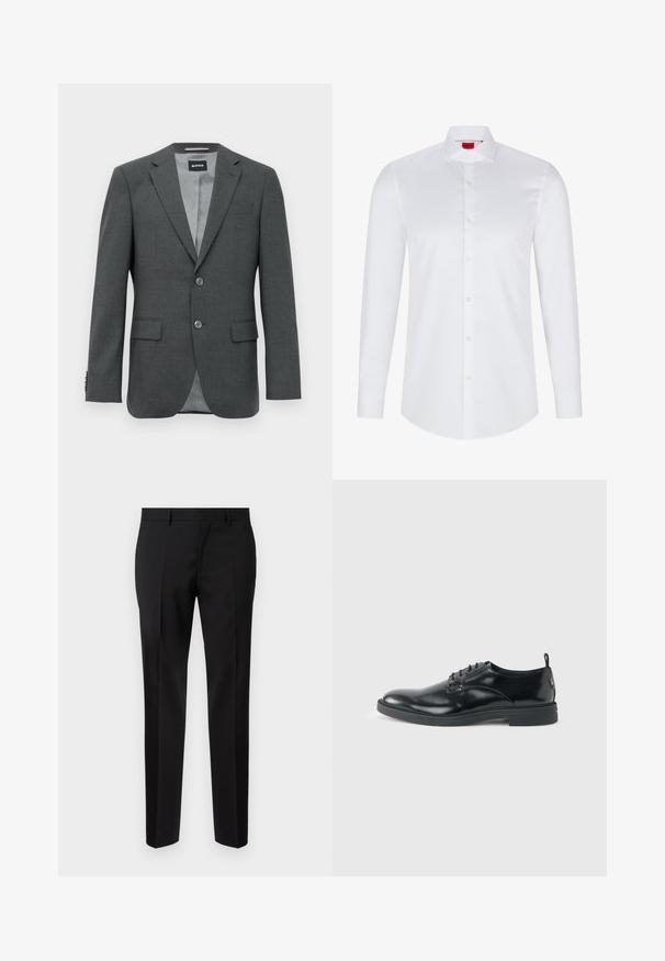 Blazer de hombre en gris oscuro, ajustado, con solapas tipo notch, dos botones, bolsillos de solapa y un forro interior parcialmente visible.; Camisa blanca de manga larga con botones, hecha de algodón suave. Presenta un cuello clásico, una botonera completa y un dobladillo redondeado.; Pantalones negros de corte ajustado, hechos de una tela suave, con pernera recta, detalles de pinzas refinadas y una cinturilla clásica con ojales para cinturón.; Zapato de vestir negro de cuero brillante con tacón bajo, cierre de cordones y puntera redonda, mostrado de lado sobre un fondo claro y liso.