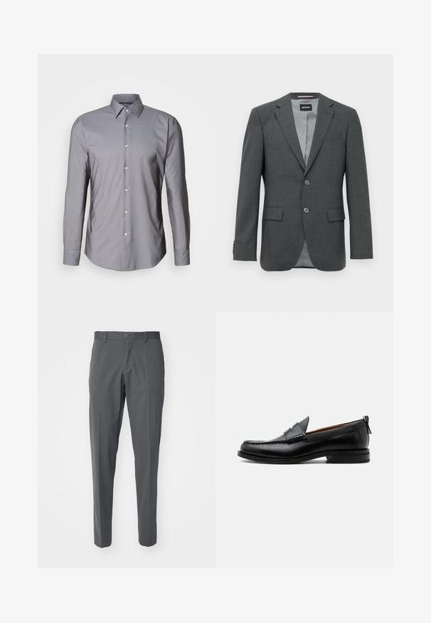 Dunkelgrau maßgeschneiderter Herren-Blazer mit Reverskragen, zwei Knöpfen, Klappentaschen und teilweise sichtbarer Innenausstattung.; Graues Langarm-Hemd mit Knopfleiste, strukturiertem Kragen, vorderer Knopfleiste und glatter Textur. Hat eine leicht taillierte Passform.; Grau Hosen aus einem glatten Stoff, mit Knopfverschluss, frontalen Taschen und einer schlanken Passform.; Schwarzer Leder-Herrenschuh mit Mokassinnaht, Penny-Riemen, strukturiertem Kragen und niedrigem gestapeltem Absatz auf weißem Hintergrund.