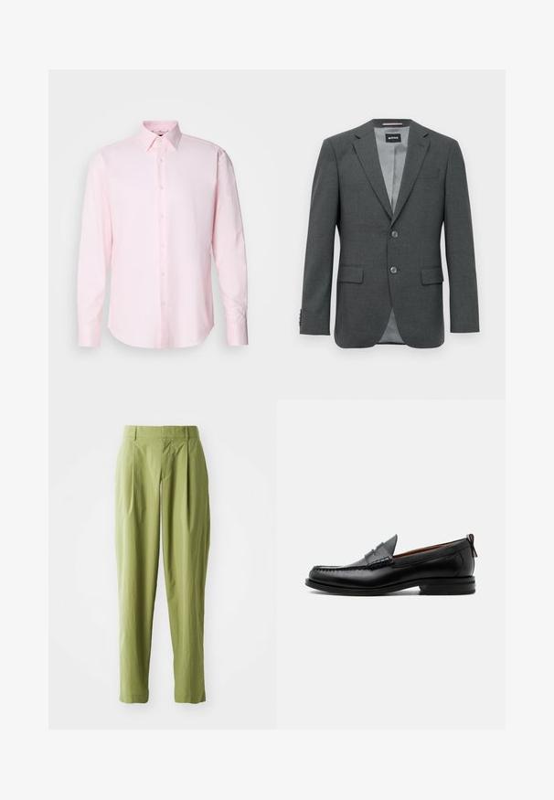 Dunkelgrau maßgeschneiderter Herren-Blazer mit Reverskragen, zwei Knöpfen, Klappentaschen und teilweise sichtbarer Innenausstattung.; Helles rosa Langarmhemd aus strukturiertem Stoff, mit einem klassischen Kragen und Knopfverschluss vorne.; Hellgrüne Hose aus einem strukturierten Stoff, mit geradem Schnitt, Falten an der Vorderseite und einem normalen Bund.; Schwarzer Leder-Herrenschuh mit Mokassinnaht, Penny-Riemen, strukturiertem Kragen und niedrigem gestapeltem Absatz auf weißem Hintergrund.