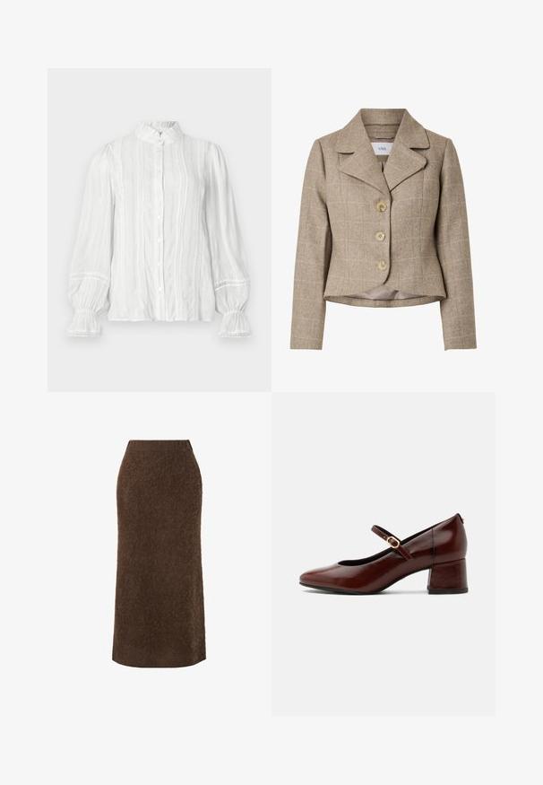 Beiger taillierter Blazer mit Reverskragen, drei vorderen Knöpfen, dezentem Karomuster und langen Ärmeln, leicht tailliert und leicht gekürzt an der Taille.; Weiße Bluse mit Knopfleiste, gerafftem Kragen, vertikalen Streifen und strukturiertem Stoff. Mit elastischen Puffärmeln und Spitzenbesatz.; Brauner, flauschig-texturierter langer Bleistiftrock mit hoher Taille und geradem Saum vor weißem Hintergrund.; Brauner Leder Mary Jane Schuh mit niedrigem Blockabsatz und goldener Schnallenriemen, Seitenansicht auf weißem Hintergrund.