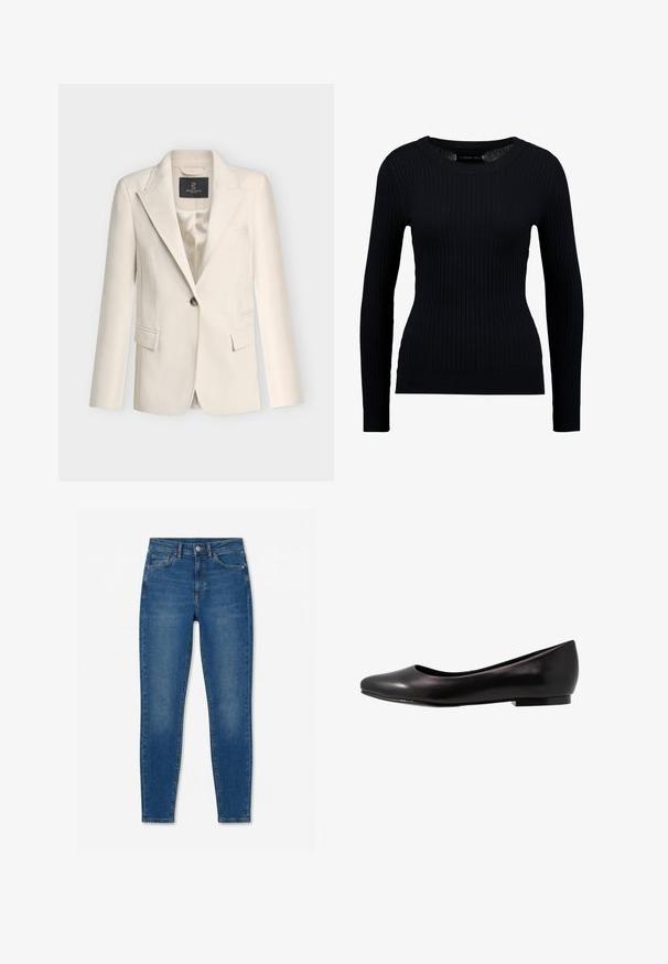 Kremfarvet skræddersyet blazer med enkeltknaplukning, notch revers, klaplommer og glat satinfor.; Sort ribbet langærmet sweater med rund halsudskæring og tætsiddende silhuet. Teksturen er glat med en subtil strækbarhed.; Blå højttaljede skinny jeans med knaplukning foran, lynlås, bæltestropper og fem lommer på hvid baggrund.; Sort ballette sko lavet af glat læder med rund tå og lav, flad sål. Har en glat overflade med et enkelt og strømlinet design.