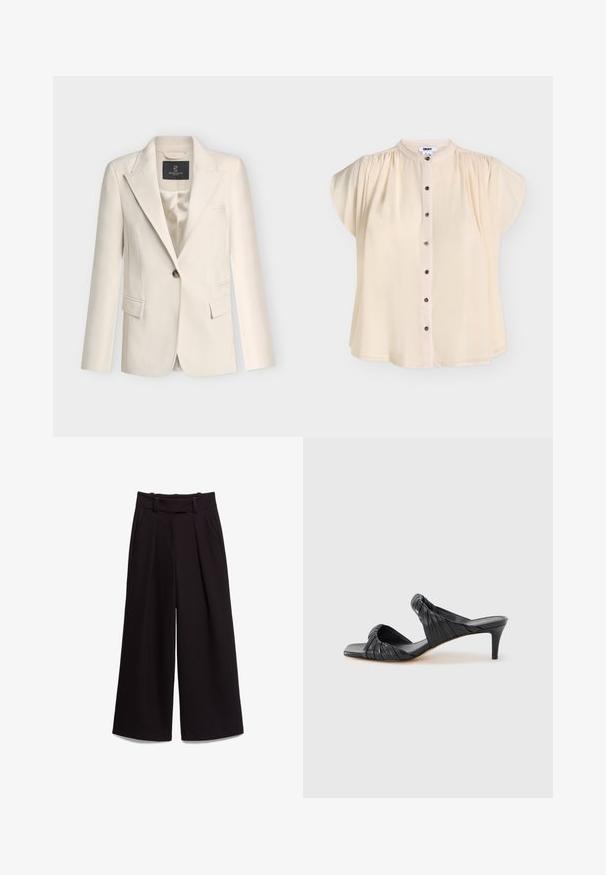 Roomkleurige op maat gemaakte blazer met sluiting met één knoop, inkepingrevers, klepzakken en een glad satijnen voering.; Crèmekleurige blouse met korte mouwen, geplooide schouders, ronde hals en een sluiting aan de voorkant met zwarte knopen.; Zwarte broek met wijde pijpen, hoge taille, riemlussen, zijzakken en plooien aan de voorkant, plat gelegd op een witte achtergrond.; Zwarte sandalen met hak en een vierkante neus, gemaakt van glad leer. Voorzien van geplooide bandjes en een slanke hak voor extra hoogte.