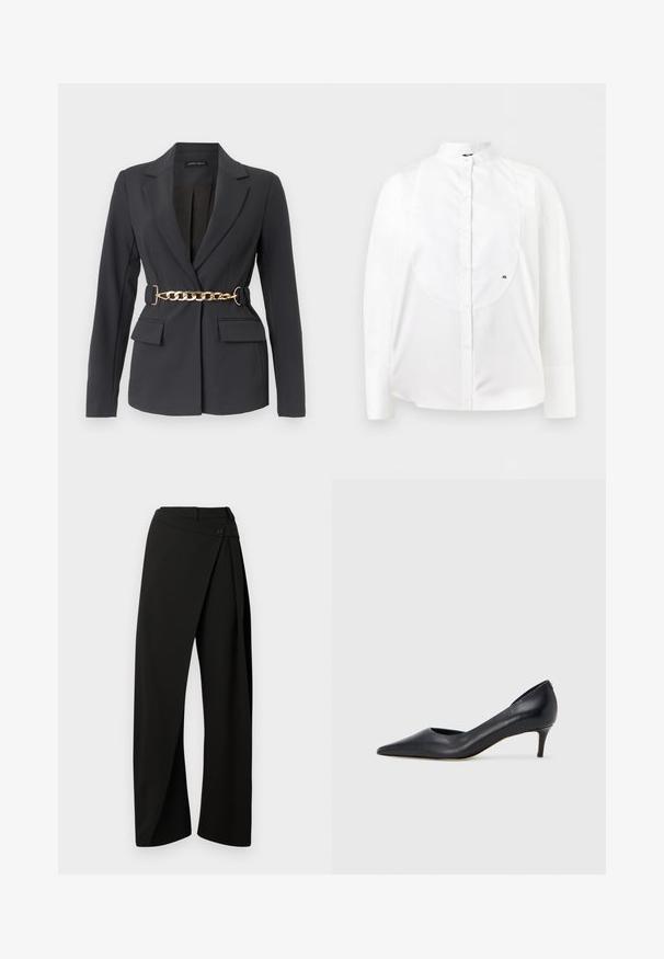Zwarte op maat gemaakte blazer met revers, lange mouwen, twee klepzakken aan de voorkant en een decoratieve gouden kettingriem in de taille.; Witte blouse met lange mouwen en knopen, met een bandkraag, gestructureerd voorkantpaneel en een klein geborduurd "AX" logo aan de rechterkant.; Zwarte wijde broek met een frontale wikkelpaneel en een knoopsluiting in de taille, weergegeven tegen een witte achtergrond.; Zwarte leren pump met een puntige neus en lage hak. Heeft een gladde textuur en een subtiele glans. Open uitsparing aan de voorkant voor extra detail.