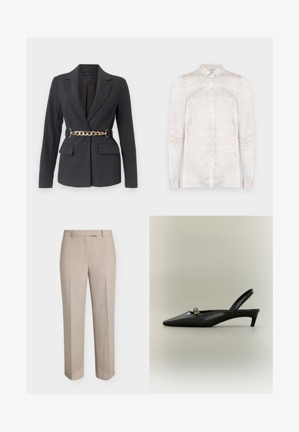 Blazer noir sur mesure avec revers, manches longues, deux poches avant à rabat, et une ceinture décorative en chaîne dorée à la taille.; Chemise beige clair à boutons, en tissu transparent, avec un imprimé animalier subtil, manches longues et col classique à boutons.; Pantalon beige droit sur mesure avec passants de ceinture, fermeture éclair devant et pli marqué sur fond blanc.; Escarpin slingback en cuir noir avec talon kitten, bout pointu et petite boucle dorée sur un fond uni.
