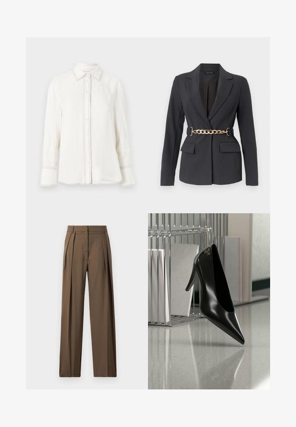 Blazer noir sur mesure avec revers, manches longues, deux poches avant à rabat, et une ceinture décorative en chaîne dorée à la taille.; Chemise blanche à manches longues en tissu lisse avec un bouton à l'avant, un col pointu et des coutures noires contrastantes le long de la patte de boutonnage et des poignets.; Pantalons marron à jambe large en tissu lisse, avec des plis avant et une taille cintrée pour un look structuré.; Chaussure noire à talon haut avec bout pointu et logo doré, posée sur une surface réfléchissante près d'un organiseur de dossiers en fil chromé contenant des documents.