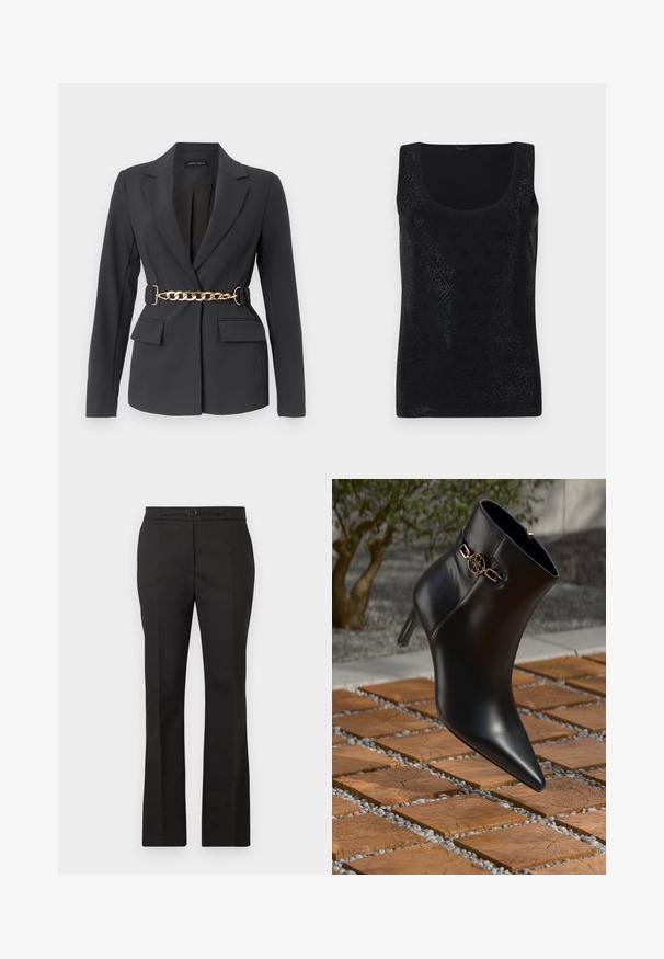 Zwarte op maat gemaakte blazer met revers, lange mouwen, twee klepzakken aan de voorkant en een decoratieve gouden kettingriem in de taille.; Zwart mouwloos tanktop met een diamantpatroon met kleine openingen, ronde halslijn en een gladde stoftextuur.; Zwarte maatwerk broek met rechte pijpen, een tailleband met een kleine riem en gesp, weergegeven op een effen lichte achtergrond.; Zwarte leren enkellaars met spitse neus en een kleine hak. Bevat een gouden kettingaccent bij de enkel. Omringd door een gestructureerd stenen oppervlak.
