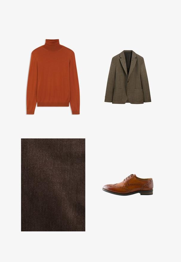 Brauner Ein-Knopf-Blazer mit kleinem Karomuster, mit Kerbkragen, aufgesetzten Taschen vorne und langen Ärmeln, dargestellt auf weißem Hintergrund.; Rostfarbener Rollkragenpullover aus weichem Material. Figurbetontes Design mit langen Ärmeln und geripptem Kragen sowie Saum. Glatte Textur im gesamten Pulli.; Braunes Cordura-Gewebe mit vertikalen Rippungen, weicher Textur und einer tiefen, reichen Farbe, geeignet für Polsterungen oder Kleidung.; Brauner Herrenschnürschuh aus Leder mit Brogue-Muster, Flügelspitzen-Perforation und schwarzen Schnürsenkeln, von der Außenseite gezeigt.